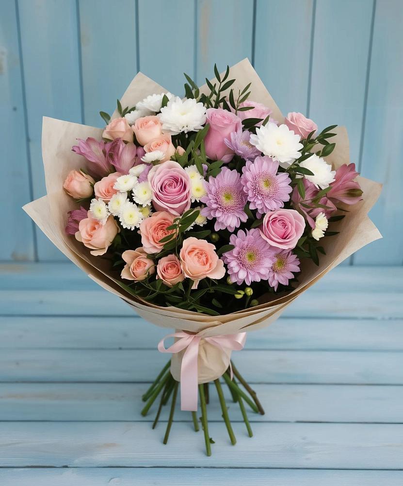 Букет цветов из: Хризантемы, Розы и Альстромерии в Северка