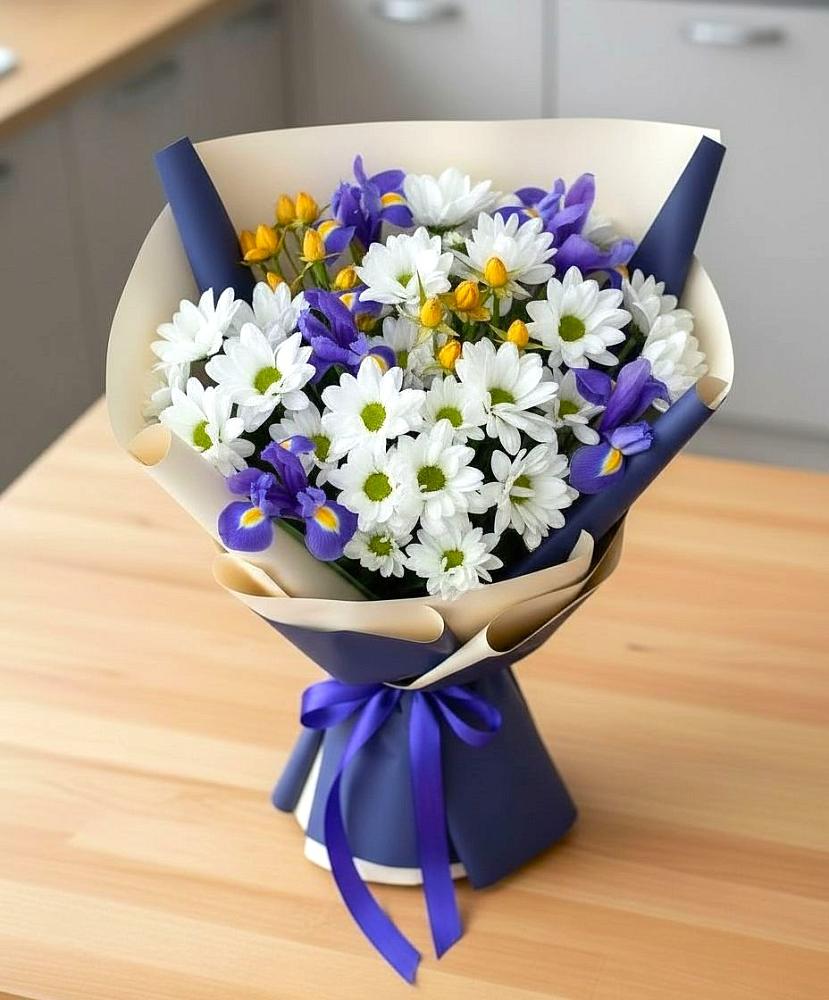Букет цветов из: Розы, Ирисы и Хризантемы в Северка